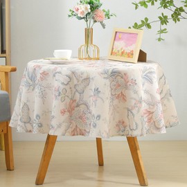 Farmhouse Linen Tablecloth Spring Green Flower Print Table Cloth Washable Round Dining Table Cover for Cottage Style Home Decor-Round 48 inch
