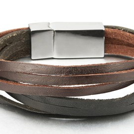 COOLSTEELANDBEYOND Mens Ladies Multi-Strand Brown Black Leather Bracelet Wristband with Magnetic Clasp