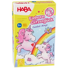 HABA 303647 - Einhorn Glitzerglück – Funkel-Bingo, Bingospiel mit Einhornmotiven und Funkelkristallen, Spiel ab 3 Jahren