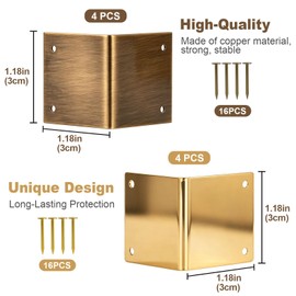 4 Pcs Baseboard Corner Protectors,Brass Skirting Board Corner Protectors for File Boxes,Bookshelves,Wooden Cases,Jewel Cases Decorative (Gold)