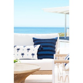 Hofdeco Premium Coastal Hampton Style Patio Indoor Outdoor Lumbar Pillow Cover Only, 12"x20" Water Resistant for Backyard, Couch, Navy Blue Baby Embroidered Palm Tree Tassel