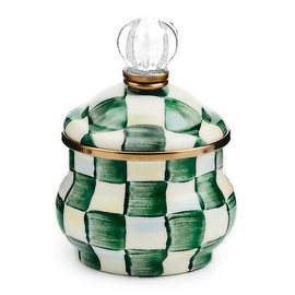 MACKENZIE-CHILDS Enamel Lidded Sugar Bowl, Small Serving Bowl with Lid, 10-Ounce Capacity, Green-and-White Emerald Check