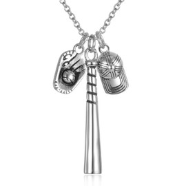 Sport Memorial Pendant For Ashes For Men Women Child Stainless Steel Baseball Bat Urn Necklace With Cap and Glove Charm Keepsake Cremation Jewelry (Silver)