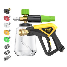 POHIR Short Pressure Washer Gun with Foam Cannon, 1/4 Inch Quick Connector, with 5 Pressure Washer Nozzle Tips 4500 PSI,Transparent 1 Liter