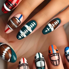 Football Press on Nails Medium Almond Fake Nails Acrylic Cute Football Helmet Designs French Tip Glue on Nails Reusable Full Cover Artificial Stick on Nails Holiday DIY for Women Girls 24Pcs