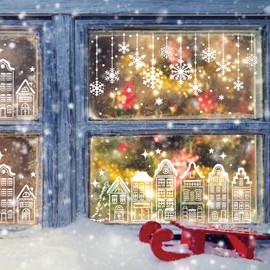 Christmas Stencils for Painting on Wood Window, Snowflake Merry Christmas Stencils for Crafts Reusable Holiday Stencils for Ornament Card Door Hanger Wall (8 House 11.8 in)