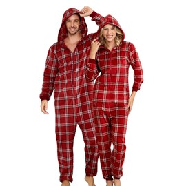 U2SKIIN Men Couple Fleece Onesie Pajamas, Matching Plaid Hooded Zipper Pjs Set Christmas Cozy Jumpsuit Warm Sleepwear(RED-GREEN PLAID, M)