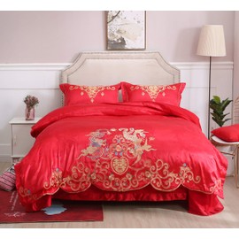 I-MART King Size Chinese Wedding Red Bedding Set, Asian Bedding with Dragon and Phoenix Bird Embroidery Duvet Cover Set of 4