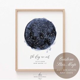 Custom Star Sky Map Print - UNFRAMED, Navy Watercolor Texture Zodiac Constellation Wall Art, Wedding Anniversary Newborn Gift, Birthday Gift to Her and Him, Mother's Day Father's Day Gift