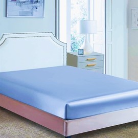 Only Silky Satin Fitted Sheet Classic Luxury Silky Soft Solid Color Cyan Single (90x190+30cm)