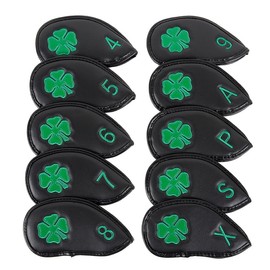 Leather Golf Club Iron Head Covers | 10 Piece Set | Black with Green 4 Leaf Clover Shamrock