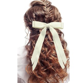 SALOCY Hair Ribbons,2 PCS Satin Hair Bows for Women Bows Clip for Girls With Long Tassel,Big Ribbon Bows Satin Hair Clip for Hair Design (Pink+Beige)