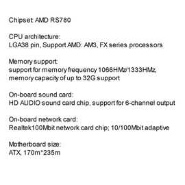 Computer Motherboard LGA938 CPU Support AMD AM3, FX Series Processors Supports up to 32G 1066HMz/1333HMz Realtek 100Mbit DDR3 USB2.0 SATA All-Solid Capacitors High-Speed Transmission Strong Compatible
