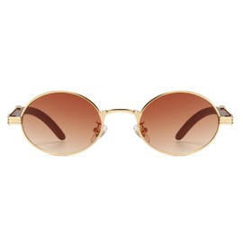 YAMEIZE Retro Round Wood Sunglasses for Women and Men Small Oval Vintage Metal Frame Wooden Temple Sunglasses UV400
