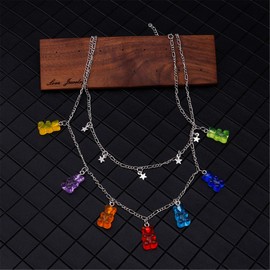 N/Q Layered Punk Gothic Resin Gummy Cartoon Bear Link Chain Pendant Necklace Colorful Rock Hip Hop Transparent Animal Choker necklace for Women Party Jewelry Gift-E star