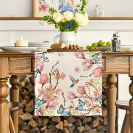 Artoid Mode Butterflies Birds Flowers Leaves Spring Table Runner, Seasonal Summer Kitchen Dining Table Decoration for Home Party Decor 40x140 cm