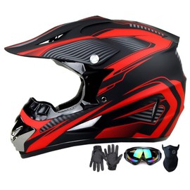 Motocross Helmet,Youth & Adult ATV Dirt Bike Motorcycle Helmet, BMX 4-Wheeler Off-Road Mountain Bike,DOT Certified,W/Gloves Goggles Mask 4-Piece Set (red, XL)