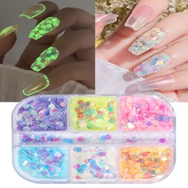 Luminous Nail Glitter Sequins Fluorescent Iridescent Mixed Hexagon Flakes Decoration Holographic 3D Glow Ultra-Thin Confetti Nails Supplies for Women Girls Manicure Tips DIY Crafts Makeup (6 Colors)