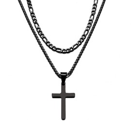 RAQINSTL Men's Cross Necklace with 2 Pieces Cross Pendant Stainless Steel Cross Chain Men Silver Gold Black Cross Necklace Women 16-24 Inch Chain Jewellery Gift, Stainless Steel, No Gemstone