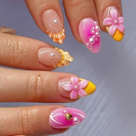 FNKFNK Pink Press on Nails Medium Almond Fake Nails with 3D Shell Pearl Designs Glossy Spring Summer False Nails Reusable Cute Flower Acrylic Nails for Women Nail Decoration 24Pcs