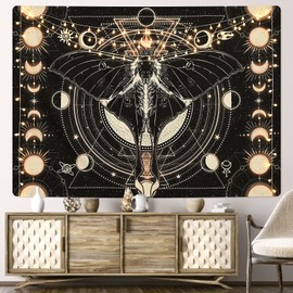 Yrendenge Moth Tapestry Black Wall Hanging Sun Moon Tapestry Natural Horoscope Wall Hanging Decorative Tapestry for Bedroom 210 x 150 cm