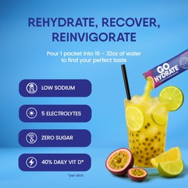 GoHydrate Paquetes de electrolitos en polvo bajos en sodio sin azúcar - Mezcla de bebida diaria de hidratación instantánea - Paquetes individuales con sabor a agua sin azúcar con vitamina D - (Passi