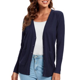 Urban CoCo Women's Lightweight Long Sleeve Knit Dressy Cardigan with Pockets Button Down Sweater Navy
