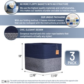 NaturalCozy 13x15x13 Kallax Storage Cubes Bins, 3 Pack | Cotton Rope Cube Storage Bin Woven Baskets for Organizing | Kallax Insert Storage Baskets for Shelves Organizer, Kids Toy, Closet Baby Nursery