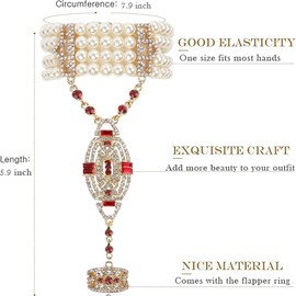 Metme 1920s Flapper Bracelet Ring Set Gatsby Accessories Imitation Pearl Crystal Bracelet Adjustable Ring