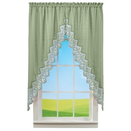 Collections Etc Elegant Lace Border Trim & Solid-Color Window Curtain Sage Swags