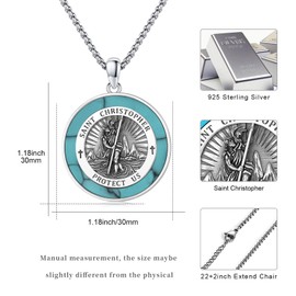 St Christopher Necklace for Men Women 925 Sterling Silver Saint Christopher Medal of Protection Pendant with Turquoise Religious Catholic Jewelry Gift