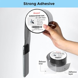 Secopad Black Window Screen Repair Tape, 3IN X 25FT (300IN) Screen Repair Kit for Windows or Doors, Strong Adhesive Patch Kit Fiberglass Mesh Tape