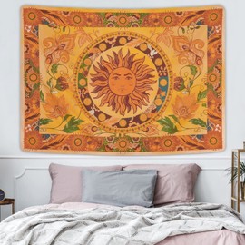 Yugarlibi Yellow Burning Sun Tapestry Sunflowers Boho Tapestry Vintage Wall Hanging Tapestry for Bedroom Aesthetic Wall Tapestry Art Decor for Home Dorm Living Room 82.7x59.1 Inches (210x150cm)