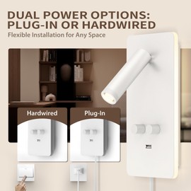 HYMELA M04 Dimmable Wall Mounted Sconces Reading Light Bedside Lamp with USB Port Headboard Plug in Hardwire Wall Lamps Sconces Adjustable Headboard 0.9-3.7 Spotlight + 1.2-6W Backlight