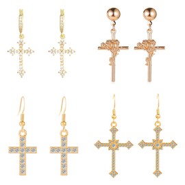 4Pair Cross Dangle Earrings, Rose Relief Earrings for Women, Small, Metal, No Gemstone