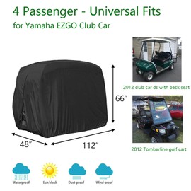 FLYMEI 4 Passenger Golf Cart Cover, Waterproof, Dustproof, Black, 112'' L x 48'' W x 66'' H, Fits Most Standard 4 Passenger Golf Carts, EZ GO, Club Car, Yamaha