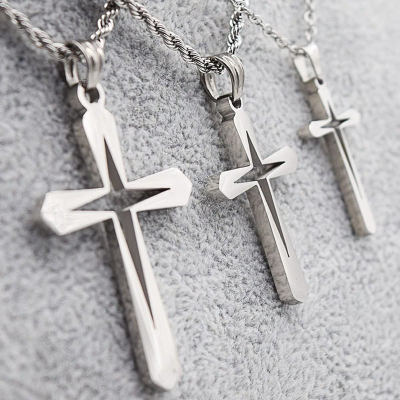 Caiyao Stainless Steel Hollow Star Cross Pendant Necklaces Hypoallergenic Hollow