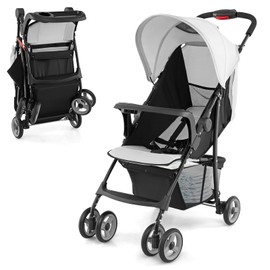 HONEY JOY Lightweight Stroller, Compact Travel Stroller for Airplane, Toddler Fold Pushchair w/Adjustable Canopy & Backrest, Storage Basket, Umbrella Stroller for Infants (Gray)
