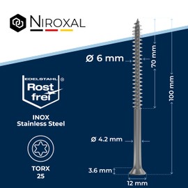 Stainless Steel TORX countersunk Head Screw Made of V2A 6-mm Thick 100-mm Screw Length 10 Pieces 70-mm Partial Thread Wood Screw 6x100