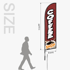 Coffee Shop Feather Flag Banner - 11.5x2.5 Ft Advertising Swooper Flag for Outdoor Business and Events Promotion - Coffee Signs Windless Full Sleeve Banner for Restaurants, Diners, Markets