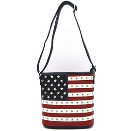 WESTERN ORIGIN American Flag Stars and Stripes Rhinestone Studs Crossbody Handbag USA Patriotic Women Purse Leather Single Shoulder Bag (Red White Blue)