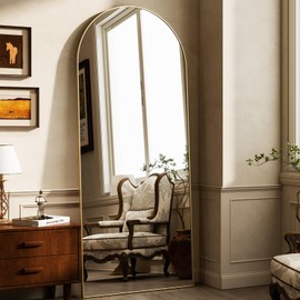 HARRITPURE 64"x21" Arched Full Length Mirror Free Standing Leaning Hanging Mounted Mirror Aluminum Frame Modern Simple Home Decor for Living Room Bedroom Cloakroom, Gold