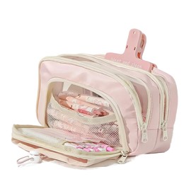 FINPAC - Estuche para lápices, 5 capas de gran capacidad con cordón, caja duradera y elegante para organizar para estudio, oficina o viajes (rosa)