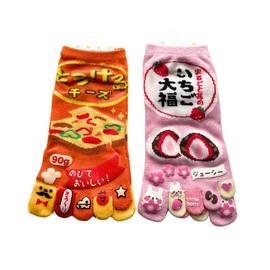 [Mode Select] Women's 5 Toe Socks, Characters, 2 Pairs Set, Thin, Summer, Ankle-Length, Strawberry Daifuku, Melting Cheese, 5-Toe Socks, Cute, 2 Patterns, Set of 2 Pairs, Black, Pink, Orange, Red,