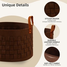 boldmonkey Laundry Basket 20 " x20 x11.8 , Large Felt Fabric Blanket Basket with Leather Handle, Dirt Clothes Laundry Hamper Round for Babies, Dogs and Living Room-Brown