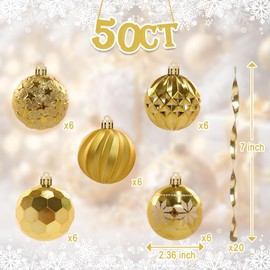 COMONS Gold Christmas Ball with Christmas Spiral Strip - 50 Pcs Set for Christmas Tree Decorations, Garland Decor, and Party Ornaments (2.36 Inch)