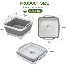 Dishpan, 9L Collapsible Washing Basin (Gray, PP, TPR), Portable Dish Tub with Drain Plug, Space-Saving Drying Rack for Kitchen, Camping, Laundry use - Color: Gray