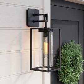 Nathan James Sedona Outdoor Black Wall Sconce Light Fixture, Exterior Porch Lantern with Open Iron Frame and Cylinder Glass Shade for Patio and Front Door, Black/Clear