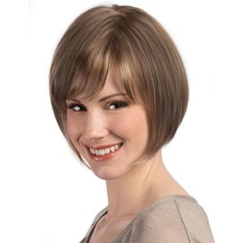 TISHINING Short Brown Mix Blonde Highlight Bob Wig with Bangs for White Women Chin Length Layered Mixed Brown Straight Bob Wig 10 Inch Synthetic Natural Looking Daily Party Wig