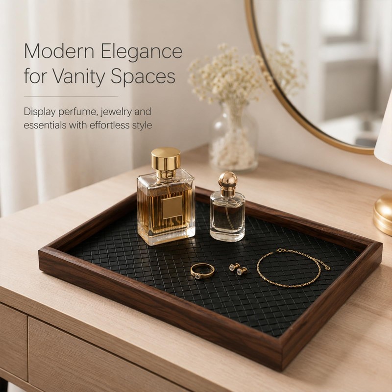 Wooden Valet Tray, 12X8 Inch Desk Organizer with Leather Base,